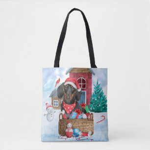 Dachshund Dog In snow Christmas Dog House Tote Bag