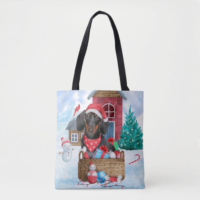 Dachshund Dog In snow Christmas Dog House Tote Bag (Front)