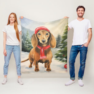Dachshund Dog in Snow Christmas  Fleece Blanket
