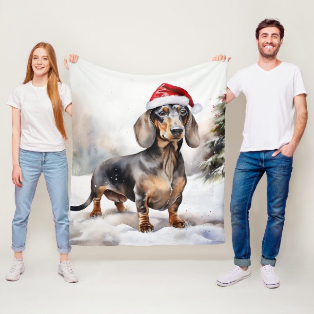 Dachshund Dog in Snow Christmas Fleece Blanket (In Situ)