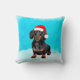 Dachshund Dog in Snow Christmas Hat Cushion