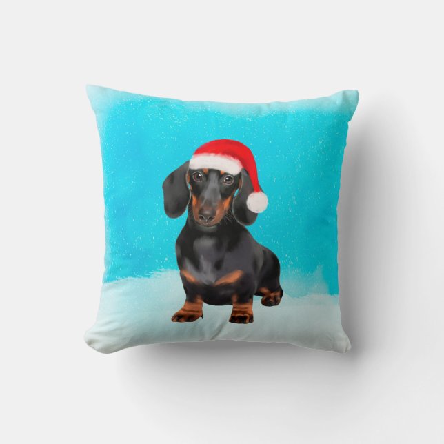 Dachshund Dog in Snow Christmas Hat Cushion (Front)