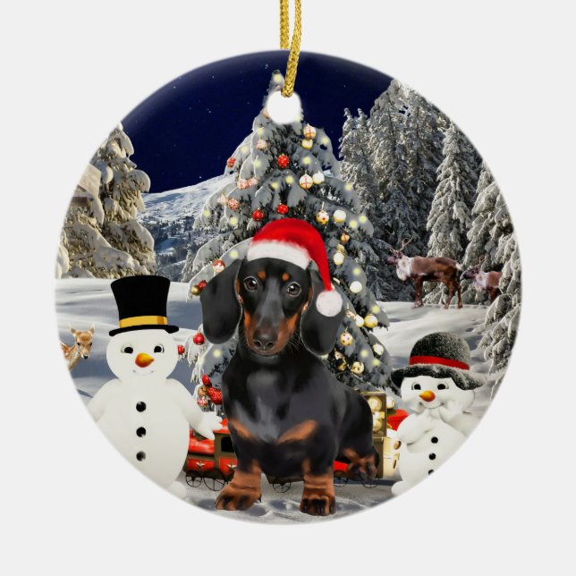 Dachshund Dog in Snow Christmas Hat Lights Ceramic Tree Decoration (Front)