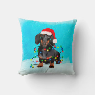 Dachshund Dog in Snow Christmas Hat Lights Cushion