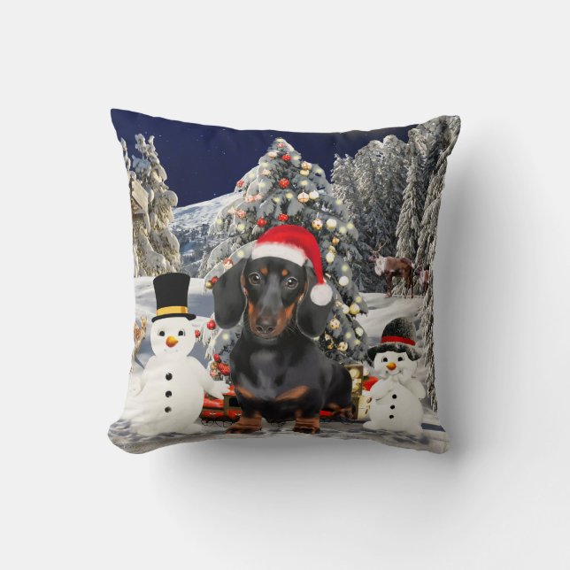 Dachshund Dog in Snow Christmas Hat Lights Cushion (Front)