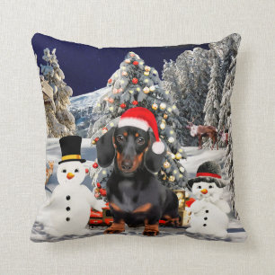 Dachshund Dog in Snow Christmas Hat Lights Cushion