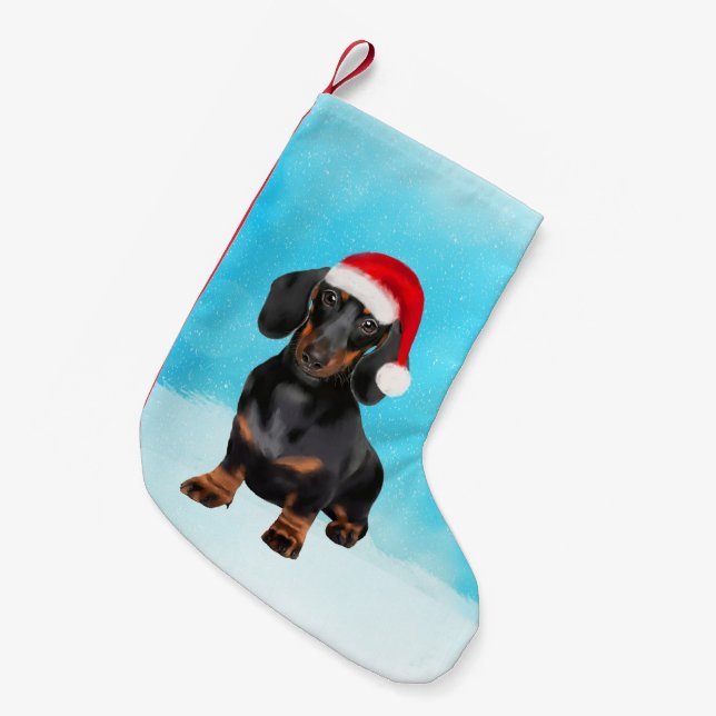 Dachshund Dog in Snow Christmas Hat Small Christmas Stocking (Front (Hanging))