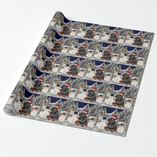 Dachshund Dog in Snow Christmas Hat Wrapping Paper (Unrolled)