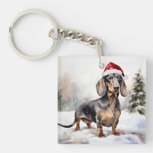 Dachshund Dog in Snow Christmas Key Ring