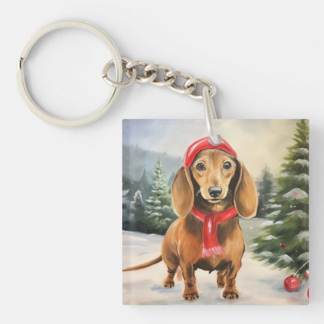 Dachshund Dog in Snow Christmas  Key Ring (Front)