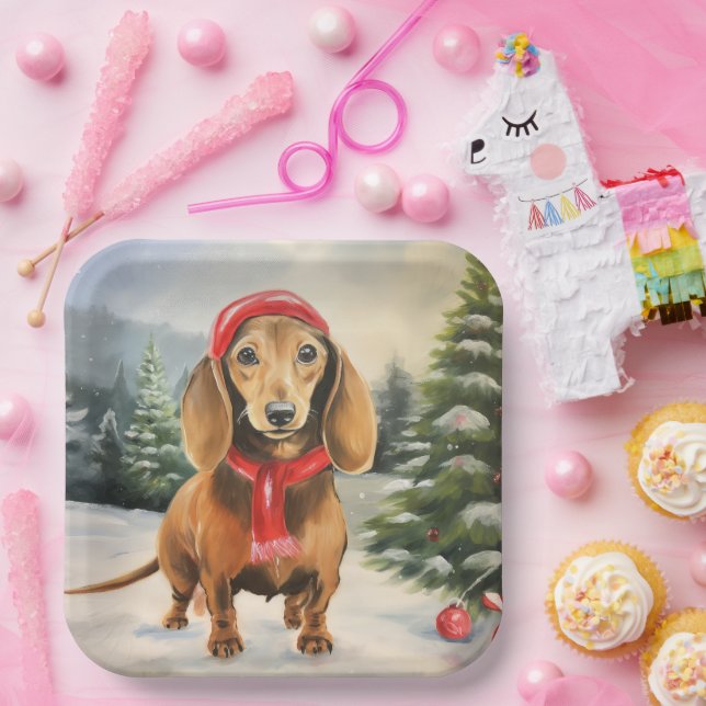 Dachshund Dog in Snow Christmas  Paper Plate (Party)