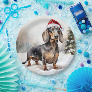Dachshund Dog in Snow Christmas Paper Plate