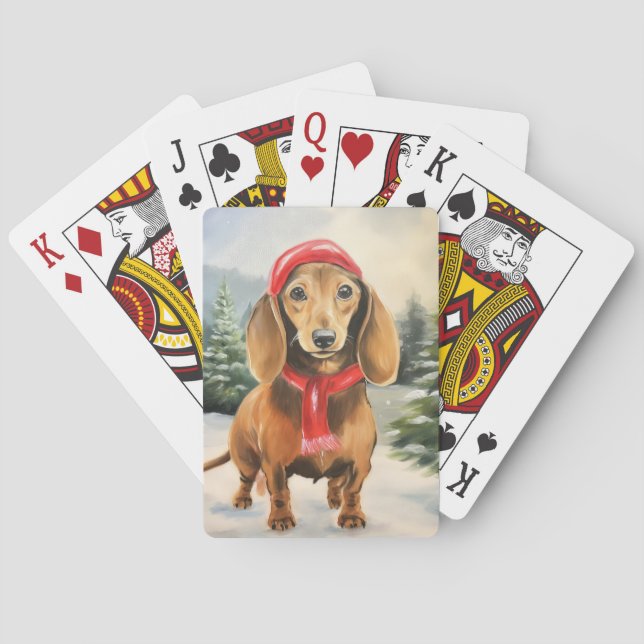 Dachshund Dog in Snow Christmas  Playing Cards (Back)