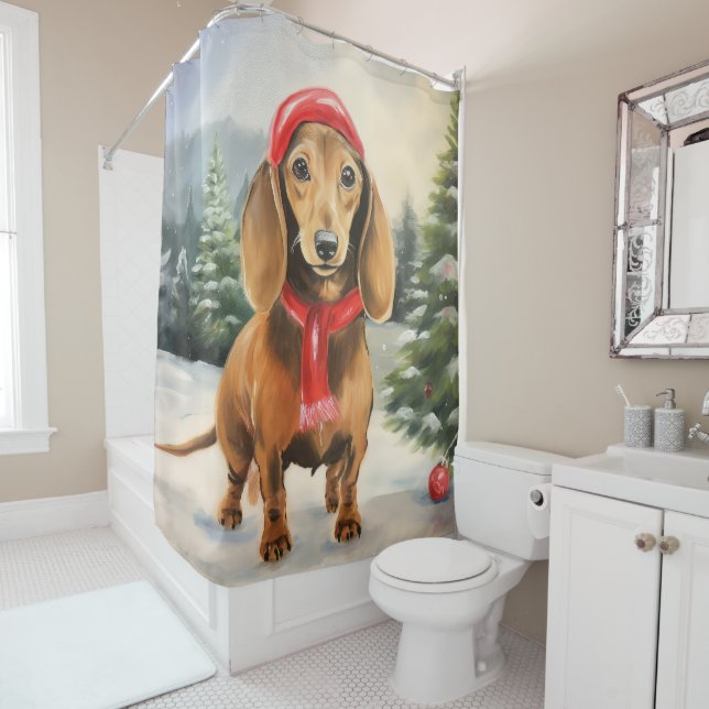 Dachshund Dog in Snow Christmas  Shower Curtain (In Situ)