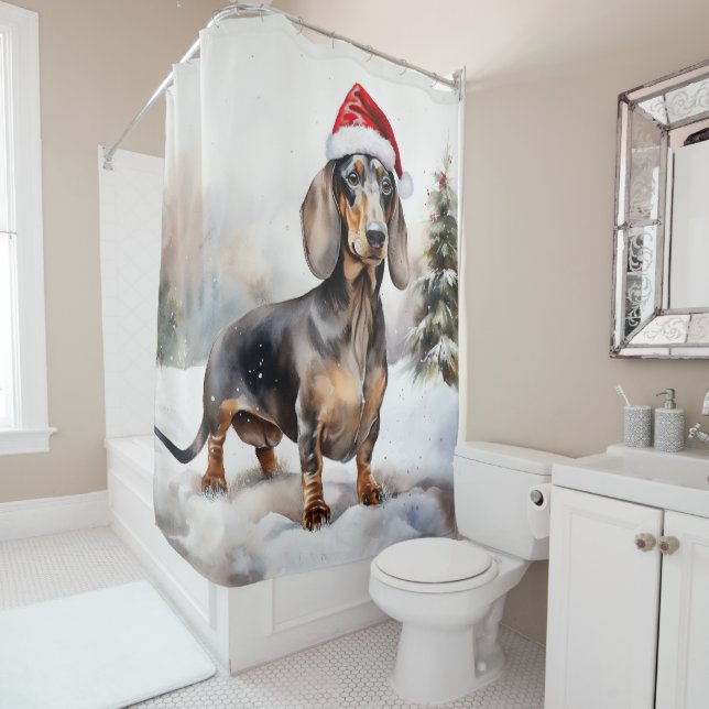 Dachshund Dog in Snow Christmas Shower Curtain (In Situ)