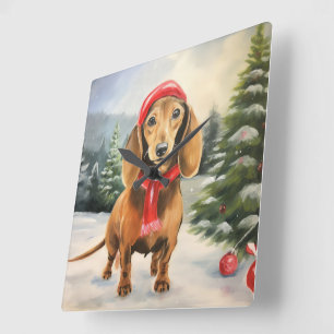 Dachshund Dog in Snow Christmas Square Wall Clock