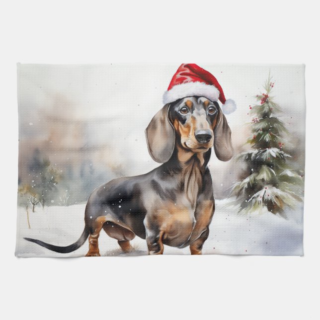 Dachshund Dog in Snow Christmas Tea Towel (Horizontal)