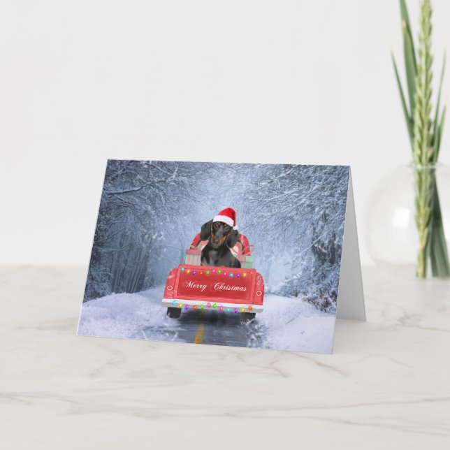 Dachshund Dog in Snow sitting in Christmas Truck Card (Front)