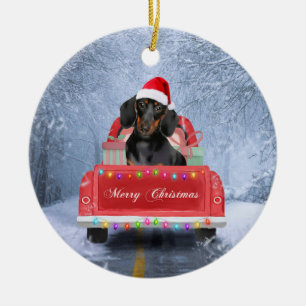 Dachshund Dog in Snow sitting in Christmas Truck Ceramic Tree Decoration