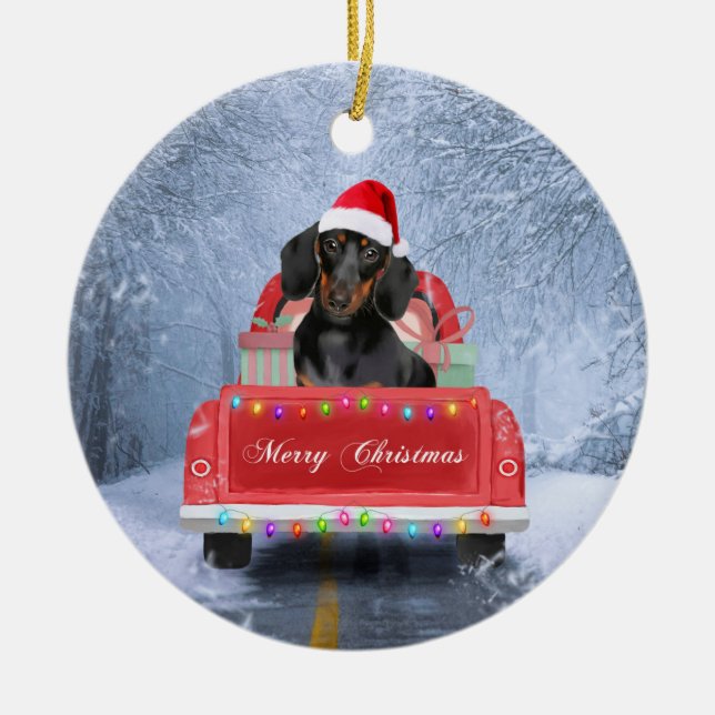 Dachshund Dog in Snow sitting in Christmas Truck Ceramic Tree Decoration (Front)