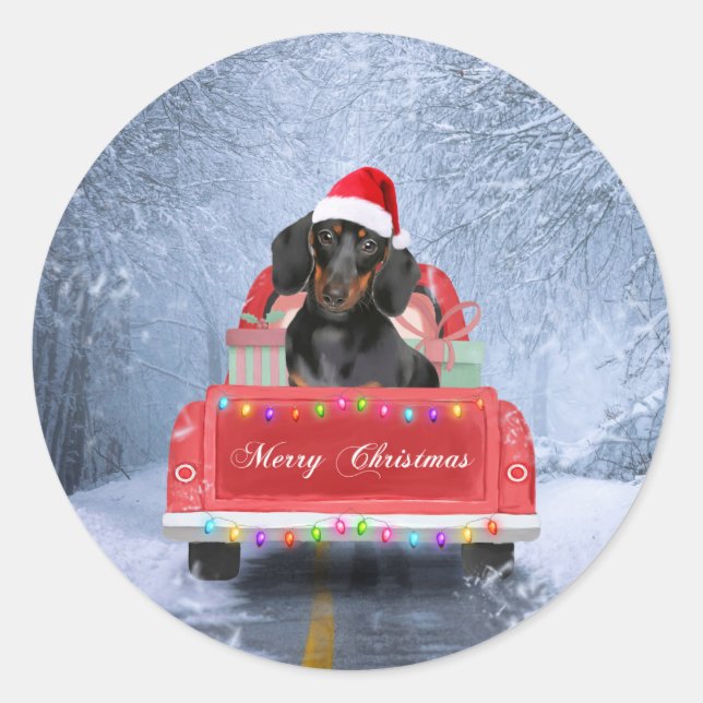 Dachshund Dog in Snow sitting in Christmas Truck  Classic Round Sticker (Front)