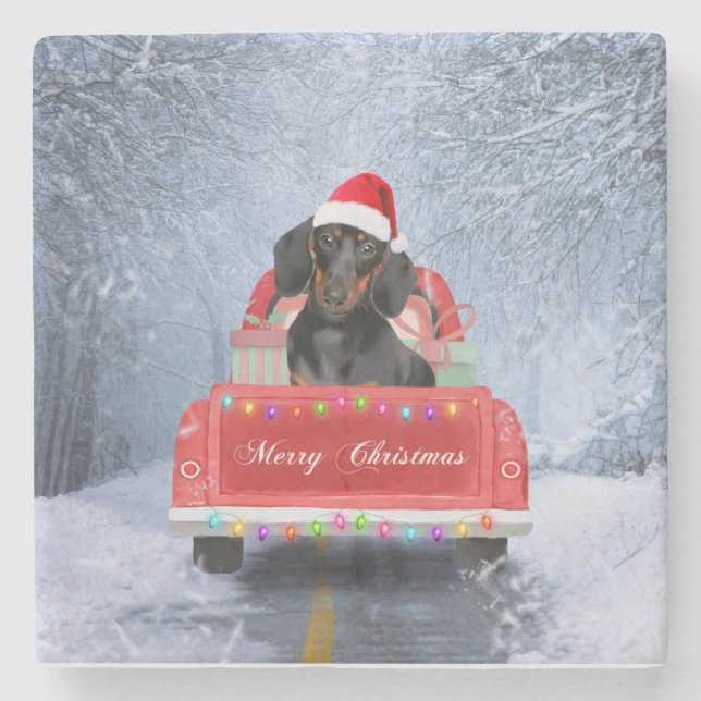 Dachshund Dog in Snow sitting in Christmas Truck  Stone Coaster (Front)