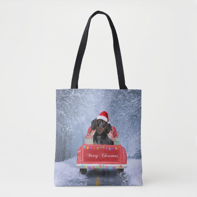 Dachshund Dog in Snow sitting in Christmas Truck Tote Bag (Front)