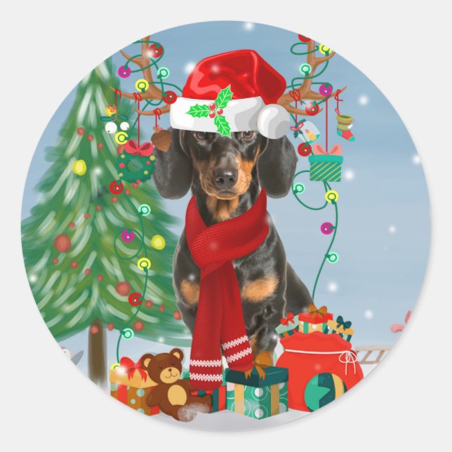 Dachshund Dog in Snow with Christmas Classic Round Sticker (Front)