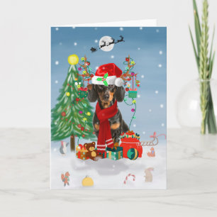 Dachshund Dog in Snow with Christmas Gifts  Card