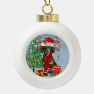 Dachshund Dog in Snow with Christmas Gifts Ceramic Ball Christmas Ornament