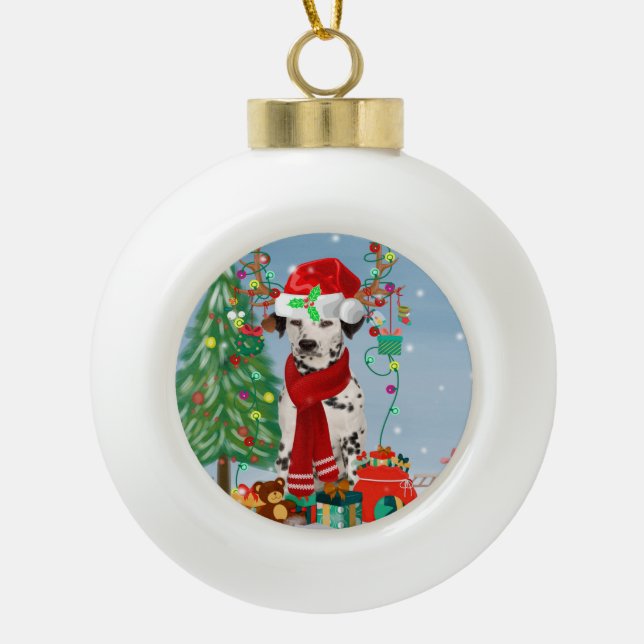 Dachshund Dog in Snow with Christmas Gifts  Ceramic Ball Christmas Ornament (Front)
