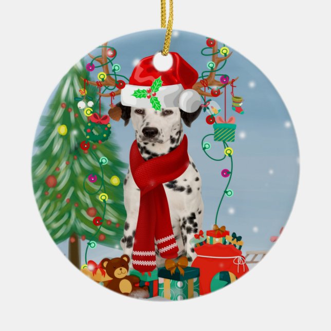 Dachshund Dog in Snow with Christmas Gifts   Ceramic Tree Decoration (Front)