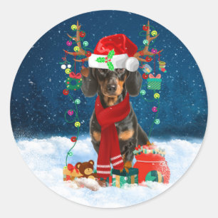 Dachshund Dog in Snow with Christmas Gifts  Classic Round Sticker
