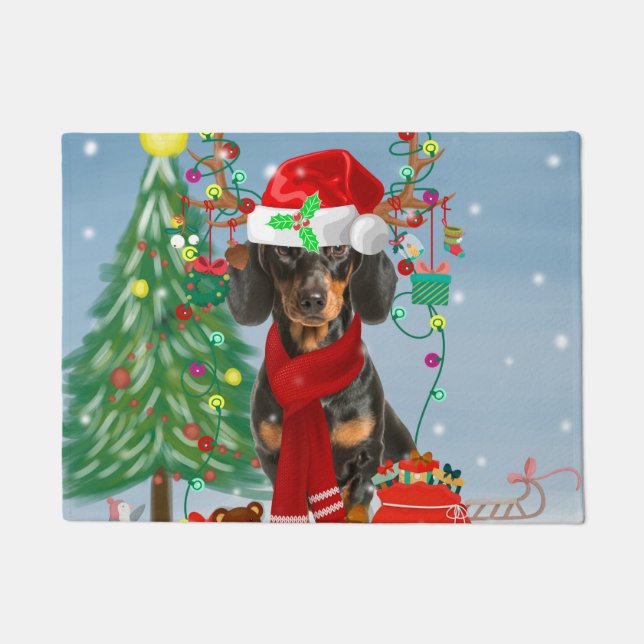 Dachshund Dog in Snow with Christmas Gifts   Doormat (Front)