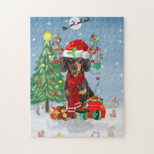 Dachshund Dog in Snow with Christmas Gifts   Jigsaw Puzzle