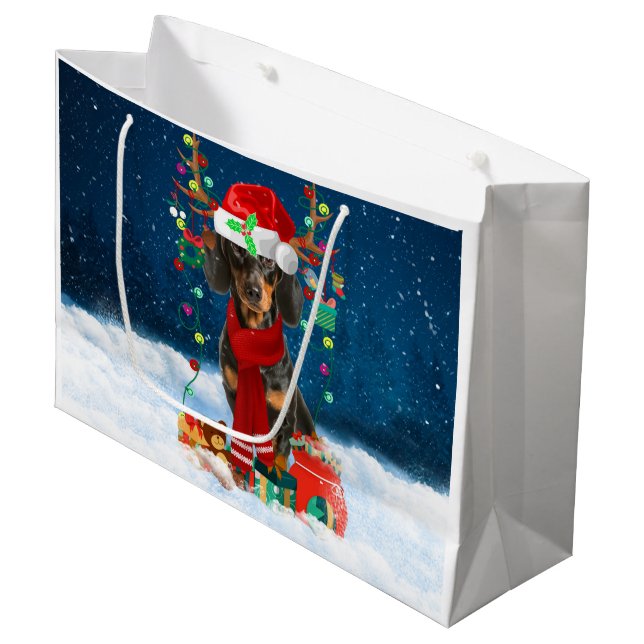 Dachshund Dog in Snow with Christmas Gifts Large Gift Bag (Front Angled)