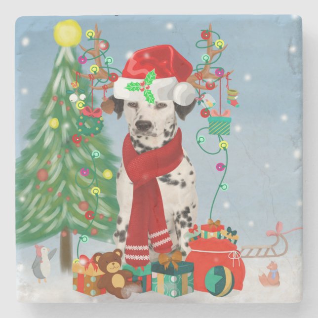 Dachshund Dog in Snow with Christmas Gifts   Stone Coaster (Front)