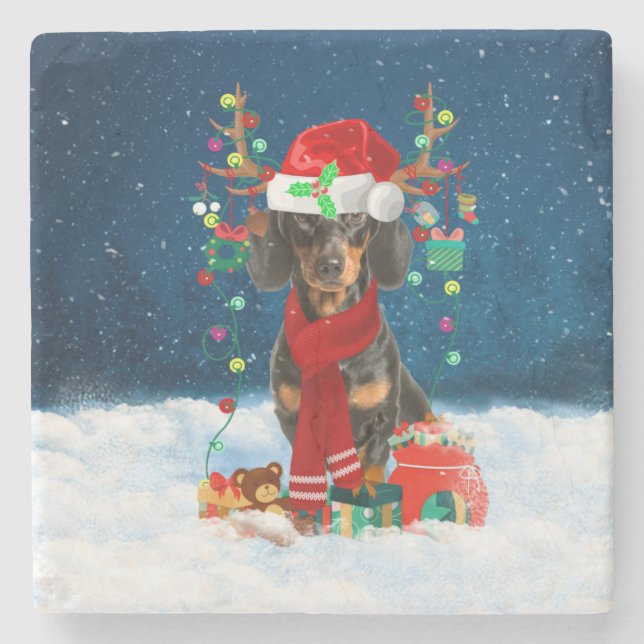 Dachshund Dog in Snow with Christmas Gifts  Stone Coaster (Front)