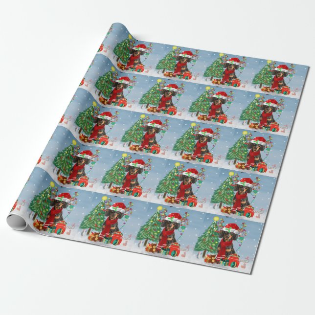 Dachshund Dog in Snow with Christmas Gifts  Wrapping Paper (Unrolled)