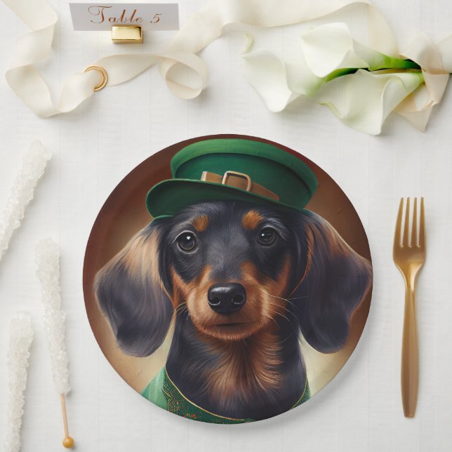 Dachshund Dog in St. Patrick's Day Dress Paper Plate (Wedding)