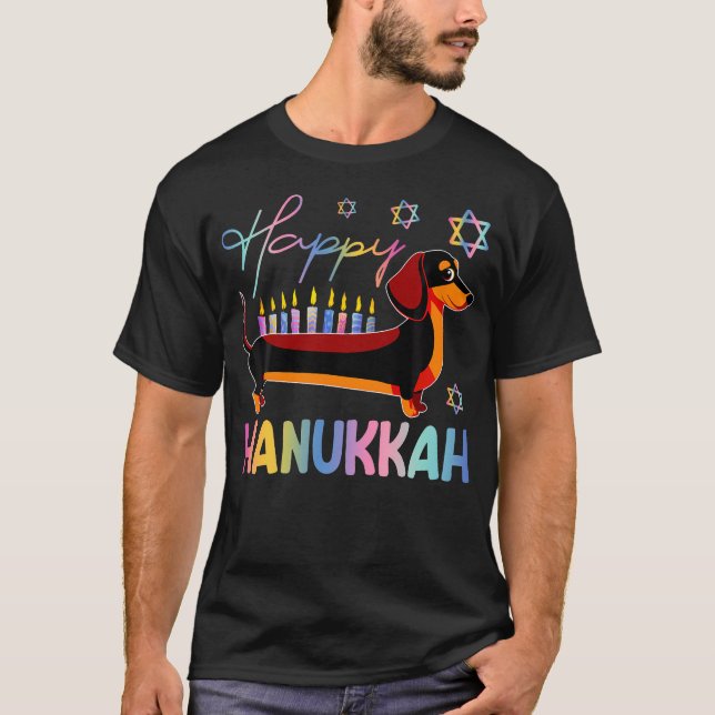 Dachshund Dog Menorah Jewish Happy Hanukkah Chanuk T-Shirt (Front)