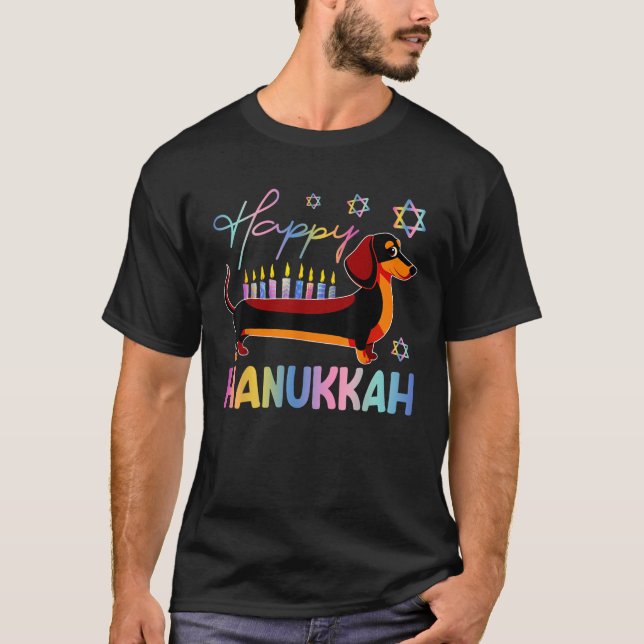 Dachshund Dog Menorah Jewish Happy Hanukkah Chanuk T-Shirt (Front)