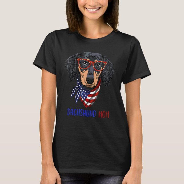Dachshund Dog Mum Leopard Glasses Usa Flag 4th Of  T-Shirt (Front)