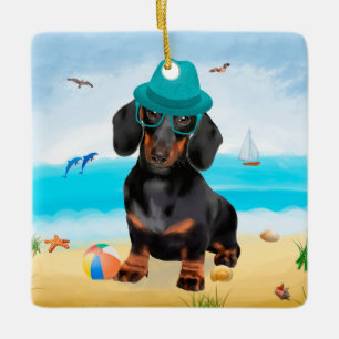 Dachshund Dog on Beach Ceramic Ornament