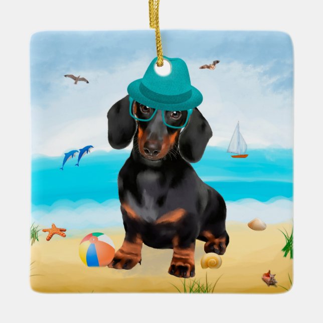 Dachshund Dog on Beach Ceramic Ornament (Front)