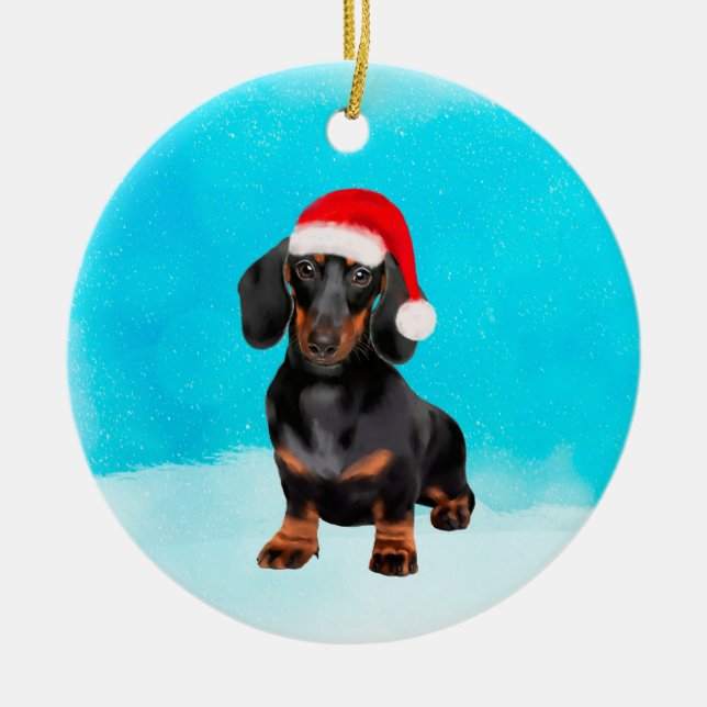 Dachshund Dog On Beach Christmas Hat Ceramic Tree Decoration (Front)