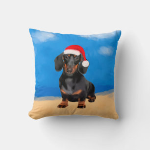 Dachshund Dog On Beach Christmas Hat Cushion