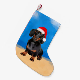 Dachshund Dog On Beach Christmas Hat Small Christmas Stocking