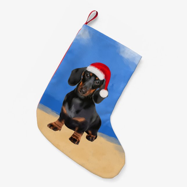 Dachshund Dog On Beach Christmas Hat Small Christmas Stocking (Front (Hanging))