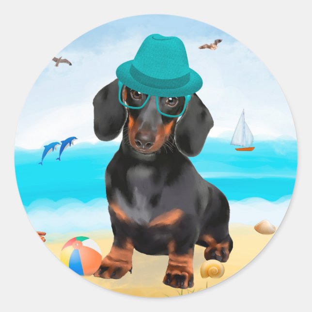 Dachshund Dog on Beach Classic Round Sticker (Front)